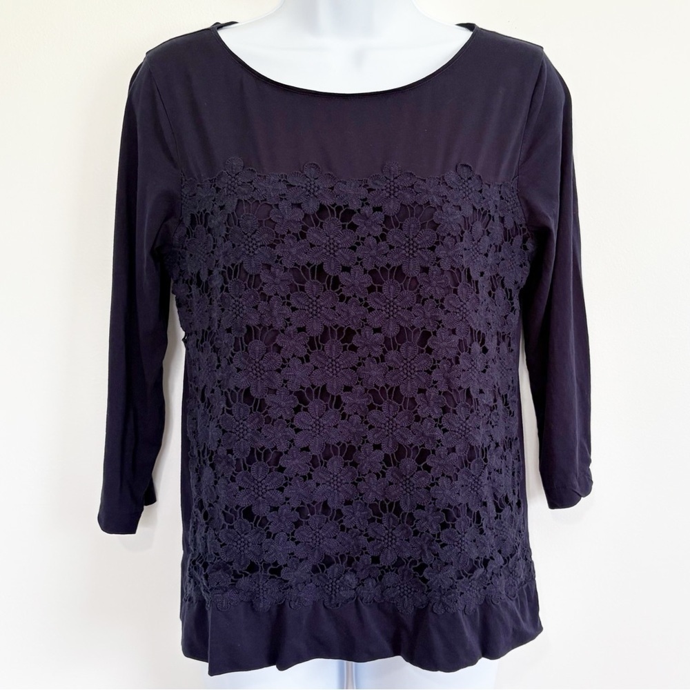 J. Crew 3/4 Sleeve Floral Textured Cotton Blouse Navy Blue Women’s Medium